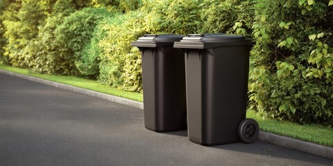 The black garbage bins beside the lush green landscape on a sunny day.
