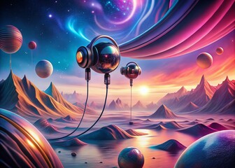 Surreal Earbuds: Floating Headphones in a Dreamlike Landscape