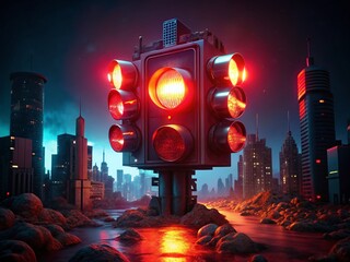 Surreal Evening Traffic Light: Red Glow in a Twisted Cityscape