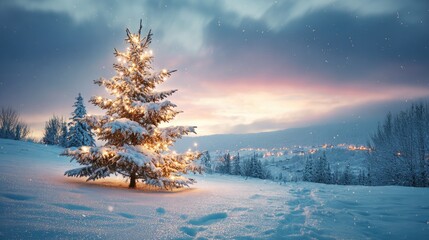 Christmas tree in a snowy field with lights glowing at dusk, surrounded by untouched snow