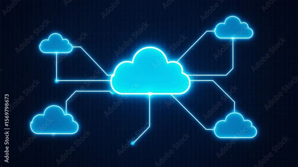 Poster a digital illustration depicting a cloud computing network, featuring interconnected clouds glowing 