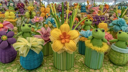 Fototapeta premium Close-up of handmade summer crafts displayed on patterned fabrics at a festival booth