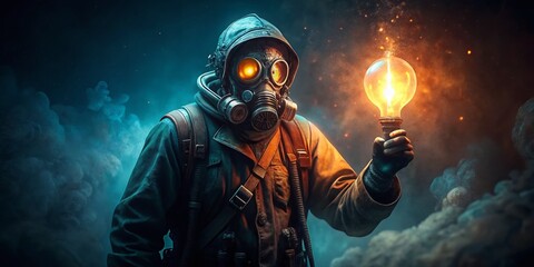 Surreal Gas Mask Portrait: Person Holding Glowing Light Bulb