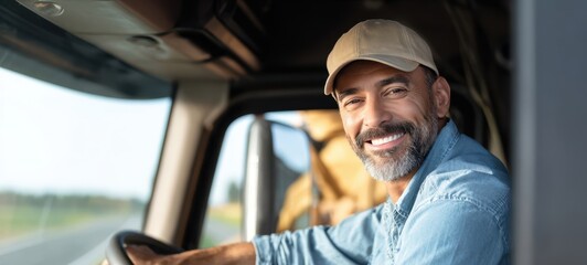 The smiling truck driver showcasing confidence and happiness on the road.
