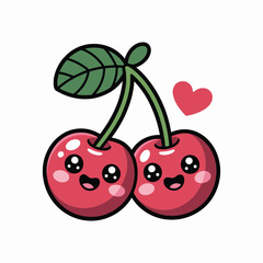 Cute kawaii cherries with happy smiling faces, blushing cheeks, green leaf and red heart on white background, adorable fruit cartoon illustration.