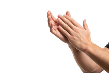 Close-up of man hands clapping against white background, expressing approval, appreciation, celebration, support, encouragement, recognition, positivity, and unity on transparent background