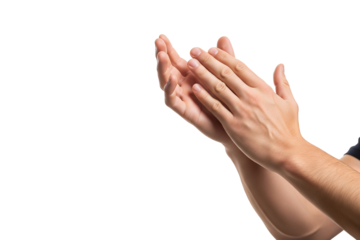 Close-up of man hands clapping against white background, expressing approval, appreciation, celebration, support, encouragement, recognition, positivity, and unity on transparent background
