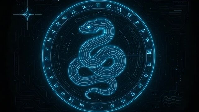 A striking neon blue illustration of a snake, designed with intricate linework and set against a dark digital backdrop. Perfect for projects related to technology and mysticism.