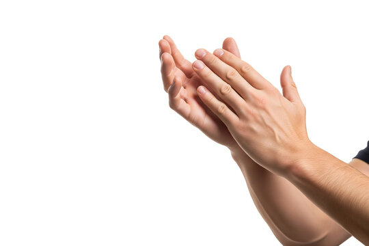 Close-up of man hands clapping against white background, expressing approval, appreciation, celebration, support, encouragement, recognition, positivity, and unity on transparent background - Powered by Adobe