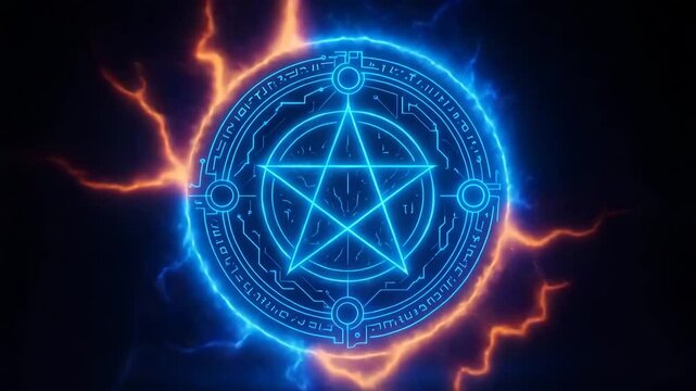 A mesmerizing glowing pentagram symbol surrounded by vibrant blue and orange lightning effects, invoking mystical and spiritual themes in a dark background, ideal for fantasy artwo