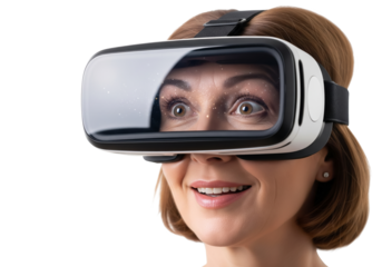 Focused middle-aged Woman Engages with Interactive Interface in Virtual Reality, Enhancing Productivity and Collaboration. Digital Workspace Innovation on transparent background
