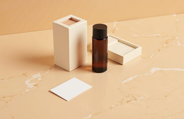 Minimal amber bottle and packaging on warm marble