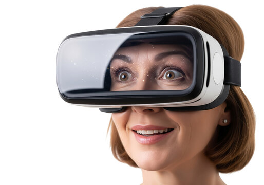 Focused middle-aged Woman Engages with Interactive Interface in Virtual Reality, Enhancing Productivity and Collaboration. Digital Workspace Innovation on transparent background - Powered by Adobe