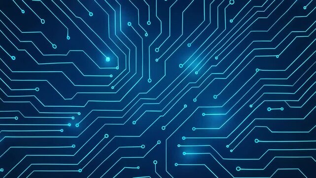 An abstract representation of a digital circuit board, showcasing intricate paths and connections in vibrant blue hues