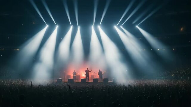 A vibrant concert scene captures a captivating performance with dynamic lighting and a lively audience immersed in music, conveying passion and energy in a large venue.