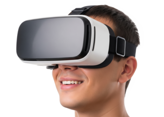 Immersive Digital World: Young Man Explores Virtual Reality, Experiencing Excitement and Awe with Modern Technology on transparent background