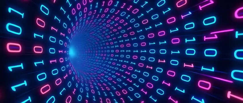 A mesmerizing tunnel of binary code, illuminated in vibrant blue and pink hues, symbolizing the digital age and technology's continuous evolution in data processing and communicati
