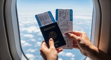 Hands hold passport and airline tickets near airplane window with cloudy sky view ready for international flight global travel journey adventure vacation or business trip