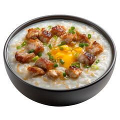 Delicious pork porridge in a black bowl topped with a golden egg yolk and green onions