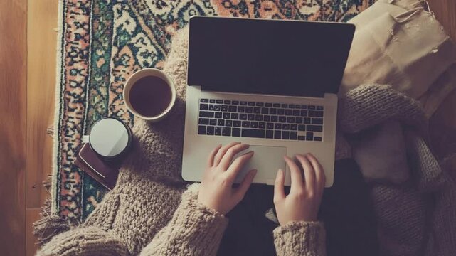 Cozy Workspace: Top-Down View of Woman Working on Laptop with Coffee and Rug