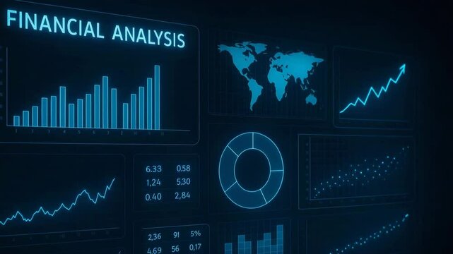 A digital display showcasing financial analysis with graphs, charts, and world maps, symbolizing data-driven decision-making and trends in global economics.