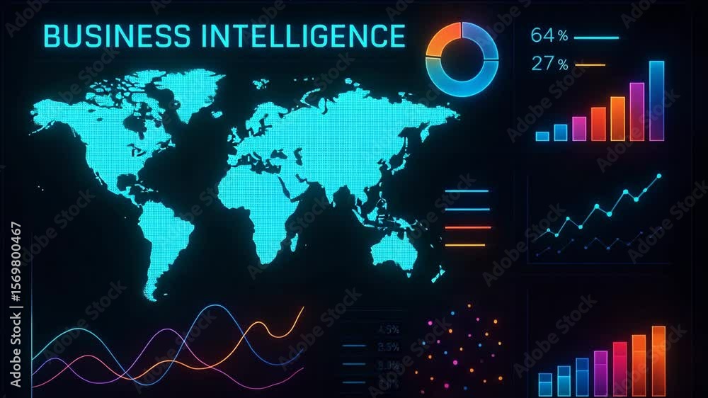 Poster a vivid digital interface showcasing business intelligence analytics, featuring global maps, graphs,