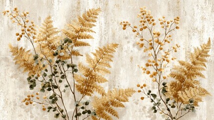 Delicate botanical composition with golden fern fronds, round berries, and muted green leaves arranged in a natural, flowing pattern on a textured off-white background.