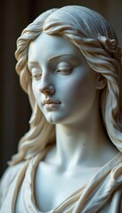 Renaissance Grey Marble Statue Close-up Detail, Soft Light Illuminates Ancient Craftsmanship, Spiritual Reverence