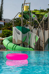 A pool with a slide and a pink rubber ring floating in the water. The pool is surrounded by trees and has a jungle theme
