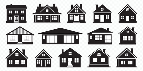 diverse house silhouette icons pack for residential architecture, urban planning and home design presentations