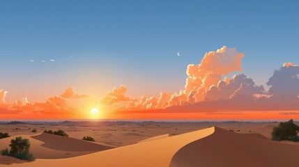 Beautiful sunrise above sandy desert dunes with scattered bushes, warm clouds, and clear blue sky in the morning light