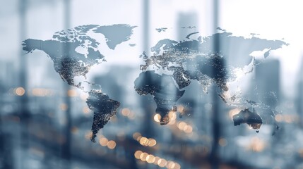 World map overlay with city lights blurred in background showcasing global connectivity and urban lifestyle in modern environment