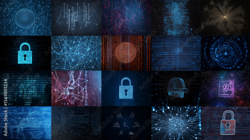 Poster Collection of digital security and data protection images featuring locks, networks, and abstract technology patterns. visuals convey sense of cybersecurity and encryption