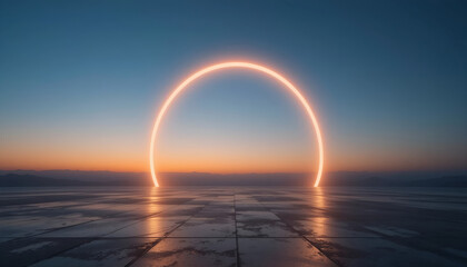 Futuristic Neon Ring on Reflective Ground at Sunset or Sunrise Horizon