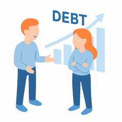 Flat Illustration of People Discussing Debt with an Upward Graph on White Background