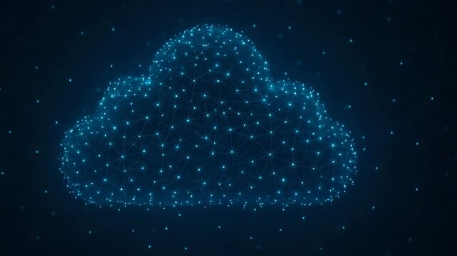 A glowing, digital representation of a cloud with luminous particles, symbolizing cloud computing and data storage in a high-tech environment.