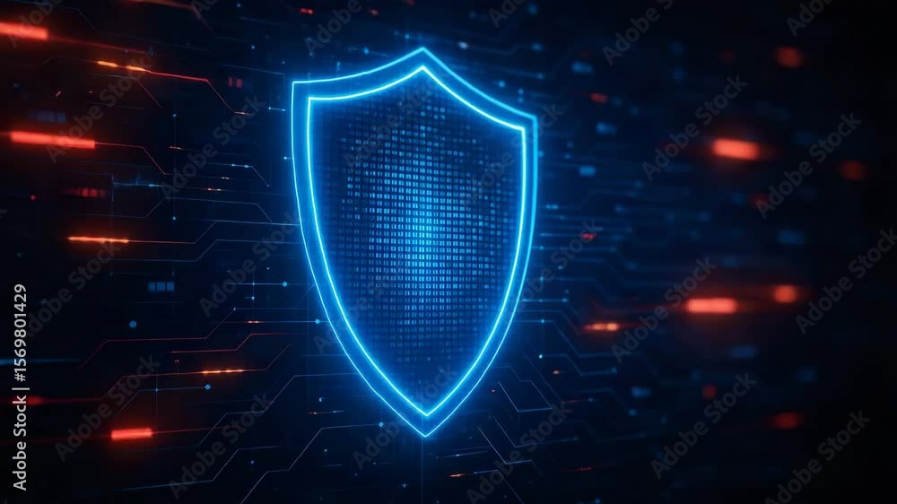 Poster a digital representation of a shield symbolizing protection and cybersecurity, with glowing blue and