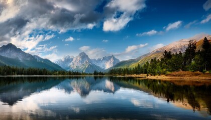 Fototapeta premium scenic lake landscape with mountains reflection under cloudy sky