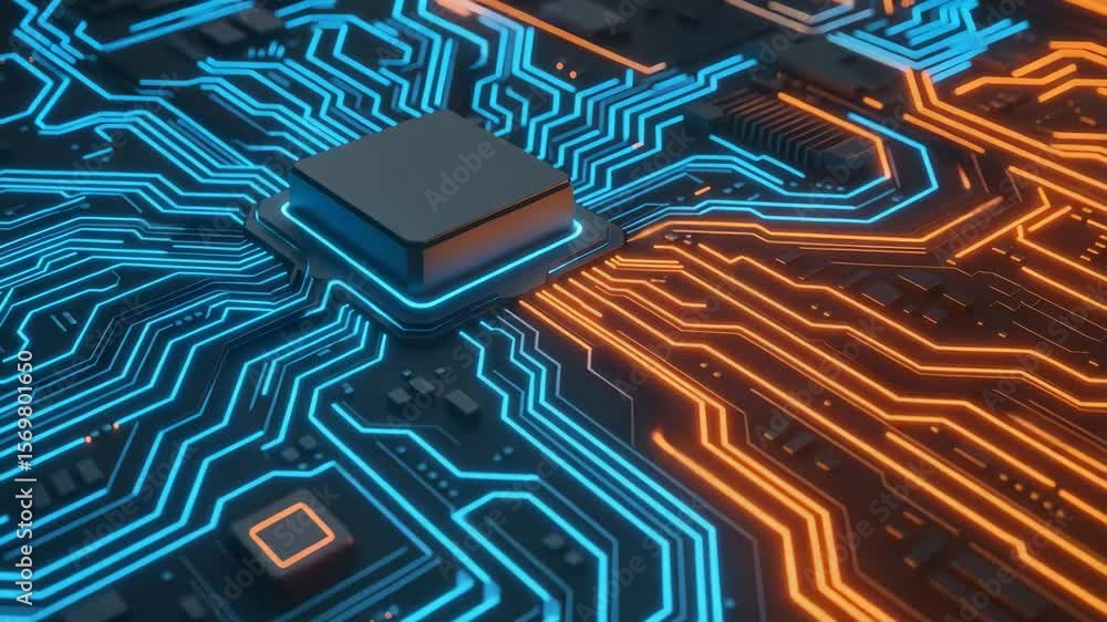 Poster an abstract close-up of a circuit board featuring vibrant blue and orange lines. the intricate pathw