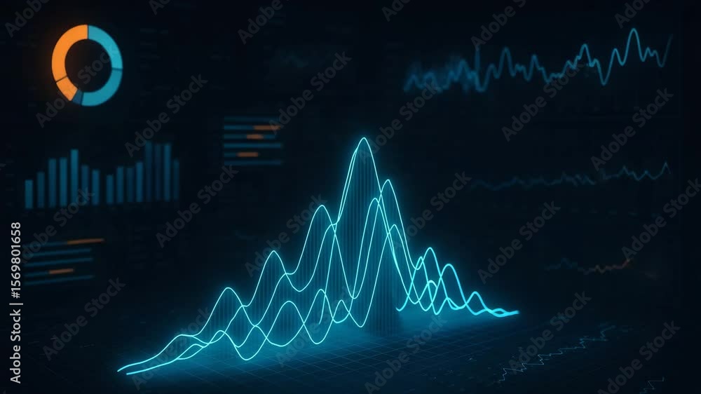 Aufkleber modern data visualization showcasing dynamic graphs and charts in vibrant blue and orange tones