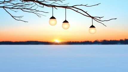 Winter Sunset with Decorative Lights Hanging from a Bare Tree Branch