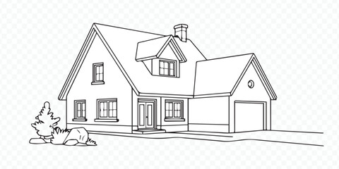 modern residential house illustration with blueprint style vector elements including garage, lawn and hedges