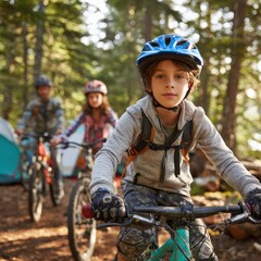 Naklejka premium Kids mountain biking in forest campsite