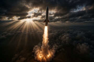 Missile Captured Mid-Flight with Exhaust Trail Against Sky