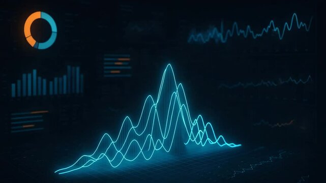 Modern data visualization showcasing dynamic graphs and charts in vibrant blue and orange tones