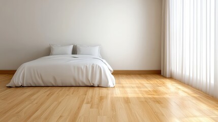 Bright and Airy Minimalist Bedroom with Light Wood Flooring and Large Windows
