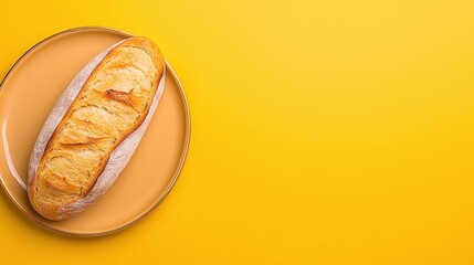 Freshly Baked Baguette on Plate Against Bright Yellow Background