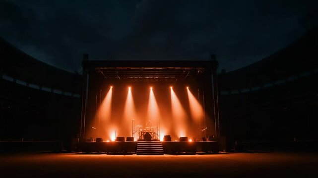 A dramatic stage illuminated by warm orange lights, set against a dark sky