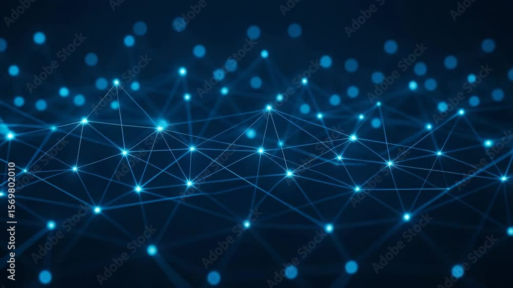 Poster a futuristic digital network with glowing blue nodes interconnected by lines on a dark background, s