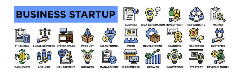 business startup icon set. Editable Stroke Icon Collection.  Business Plan, Idea Generation, Investment, Networking, Market Research, Pitch Presentation, Product Development, Branding, Marketing  